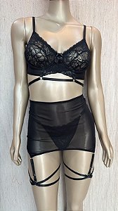 ITALIA CONJUNTO COM SAIA E CINTA LIGA - PRETO