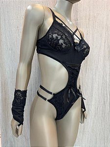 BODY TRANÇADO COM LUVA E ARO - PRETO