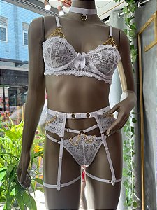 VERENA CONJUNTO EM RENDA COM ARO CINTA LIGA E CORRENTES  - BRANCO