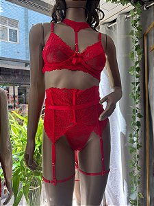 VIVIAN CONJUNTO EM RENDA COM ARO E CINTA LIGA - VERMELHO