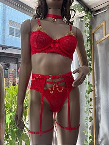 VERENA CONJUNTO EM RENDA COM ARO CINTA LIGA E CORRENTES  - VERMELHO