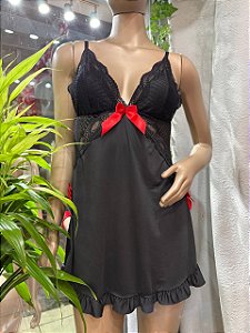 ENCANTOS CAMISOLA + FIO - PRETO E LAÇO VERMELHO