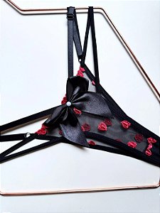 LAÇÃO FIO TULE BORDADO PRETO C/ VERMELHO - 027