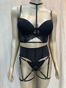 ADELIA CONJUNTO COM CINTA LIGA E BOJO - PRETO TAM G