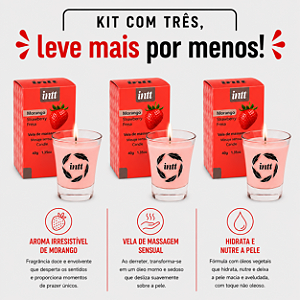 KIT COM 3 VELAS BEIJÁVEIS MORANGO 40g Intt - (Kit 3 un por 32,86 cada no pix)