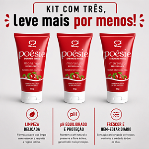 KIT COM TRES POÉSIE Sabonete Íntimo Morango 60g ( cada sai por R$ 7,46 no pix )