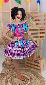 Conjunto Infantil Festa Junina Trançado Xadrez Azul e Rosa
