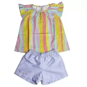 Conjunto Bata Arco-Íris e Shorts Lavanda