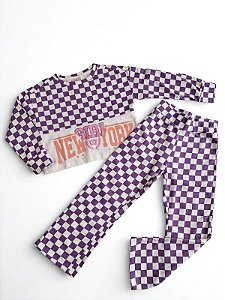 Conjunto de Moletom Infantil Estampado Xadrez Roxo