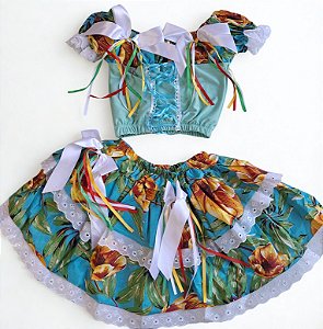 Conjunto Infantil Festa Junina Floral Azul
