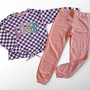 Conjunto de Moletom Infantil Love Xadrez Roxo