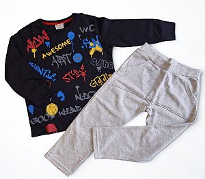 Conjunto de Moletom Infantil Estampa Grafite Preto
