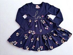 Vestido Infantil Floral Azul Marinho com Manga Longa - Brandili