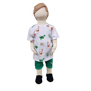 Conjunto Infantil Camiseta Animais Branca + Bermuda Verde