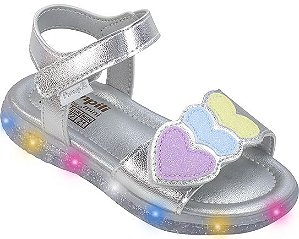 Sandália de Led Infantil Pampili Lulli Corações Prata