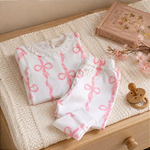 Conjunto Bebê Algodão Pima Peruano Estampa Laços Rosa G/GG