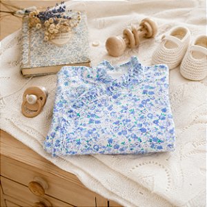 Macacão Bebê Menina Pima Baby Pijama Pé Coberto Floral Azul RN P