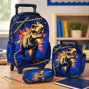 Kit Mochila Dinossauro T-Rex Azul + Lancheira + Estojo Infantil