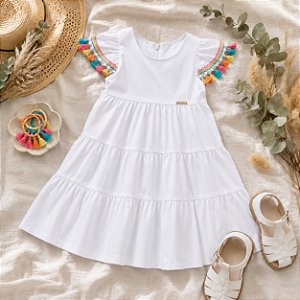 Vestido Infantil Menina Branco Borlas Coloridas Brunisa
