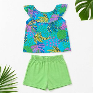 Conjunto Tink Bink — Blusa Tropical e Short Verde