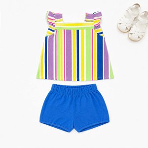 Conjunto Tink Bink — Blusa Listrada e Short Azul