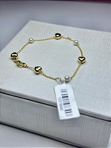 PULSEIRA CORAÇAO E PEROLA BANHADO A OURO 18K
