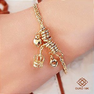 Pulseira Ouro 18k Pingentes Coração e Coroa