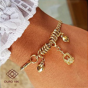 Pulseira Ouro 18k Pingentes Coração e Coroa