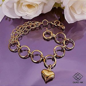 Pulseira Elos Pingente Coração Ouro 18k