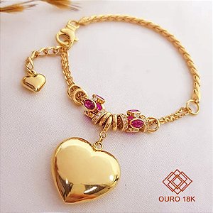 Pulseira Berloques Coração Ouro 18k Zircônias