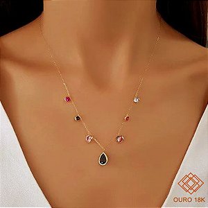 Gargantilha Gotas Ouro 18k Zircônias Coloridas