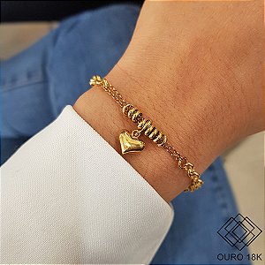 Pulseira Elo Português  Berloque Coração Ouro 18k