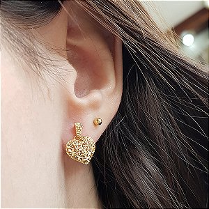 Brinco Coração Pequeno Diamantado Ouro 18k