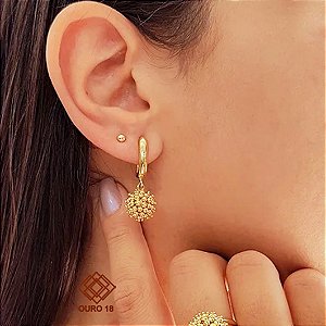 Brinco Meia Argola com Esferas Ouro 18k