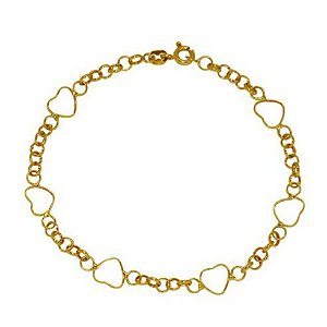 Pulseira Elo Português Corações Ouro 18k