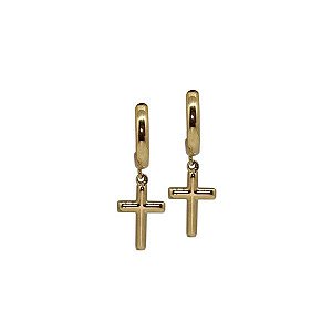 Brinco Meia Argola com Cruz Ouro 18k