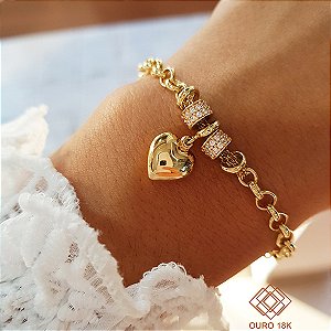 Pulseira Elo Português Coração Ouro 18k