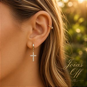 Brinco Argola com Pingente Cruz Ouro 18k Zircônias