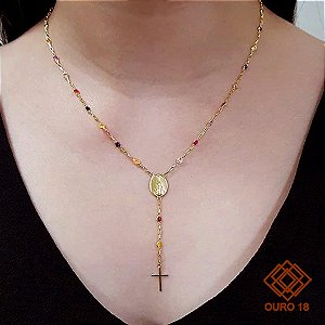 Gargantilha Terço Nossa Senhora Aparecida Ouro 18k Pedras Coloridas