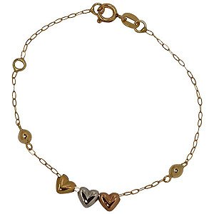 Pulseira Infantil Corações 3 Cores Ouro 18k