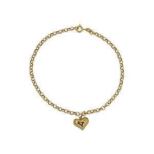 Pulseira Elo Português 2mm Coração Ouro 18k