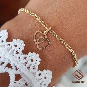 Kit Pulseira Elo Português Ouro 18k + Pingente Corações Ouro 18k