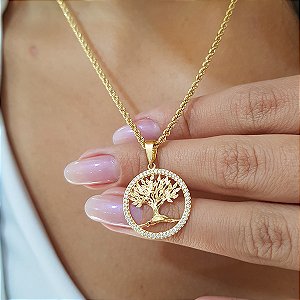 Pingente Árvore da Vida Ouro 18k Zircônias