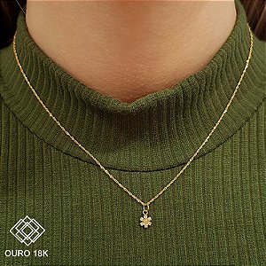 Kit Cordão Ouro 18k + Pingente Flor Ouro 18k Diamantes