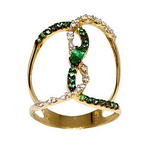 Anel Ouro 18k Com Diamantes E Esmeraldas