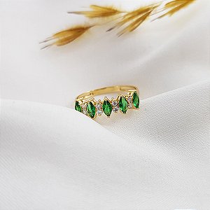 Anel Navete Ouro 18k Zircônias Verdes