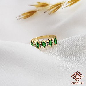 Anel Navete Ouro 18k Zircônias Verdes