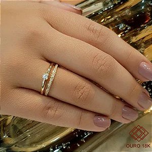 Anel Solitário e Aparador Ouro 18k Com Zircônias