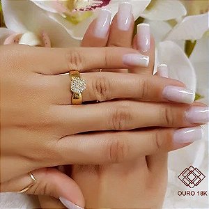 Anel Chuveiro Sextavado Ouro 18k Zircônias