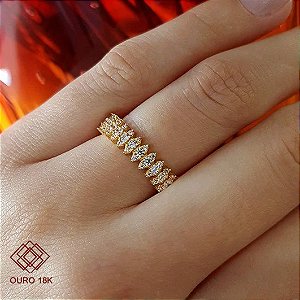 Anel Navete Ouro 18k Zircônias